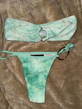 EGO Mint Green Textured Bandeau Bikini Set with Gold Ring Accent